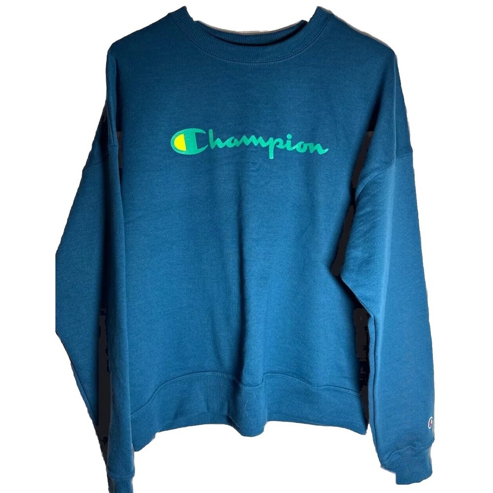 Champion Life Mens Medium Super Fleece‎ 2.0 Crew, Logo Turquoise Aqua NEW